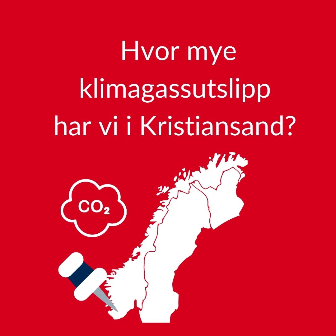 Illustrasjon av Norgeskart med en nål på Kristiansand, og teksten Hvor mye klimagassutslipp har vi i Kristiansand? 