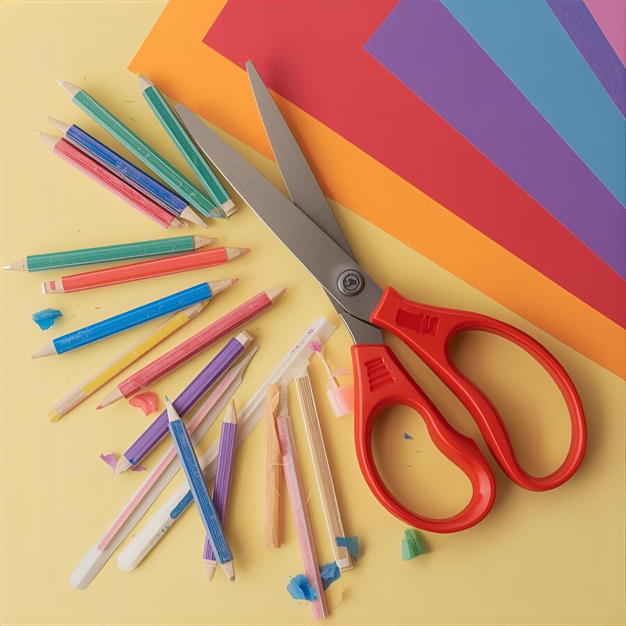 Dette bildet viser fargestifter, blyanter, saks og papir ark i ulike farger